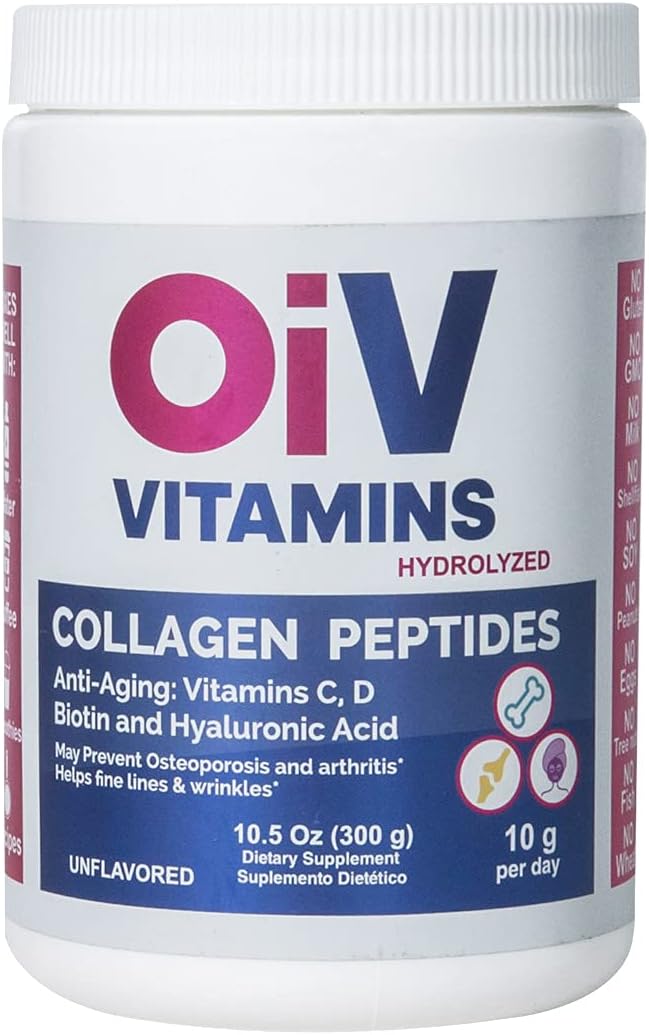 OIV Vitamins Collagen Peptides Powder 10.5Oz. Promotes Hair, Nail, Skin, Bone and Joint Health, Unflavored