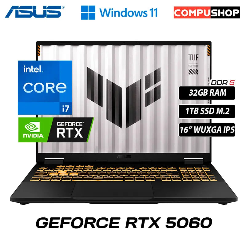 Asus TUF FX608JMR-F16.I75060 GAMING LAPTOP,  Intel Core i7-14650HX, 32GB RAM Memory, 1TB SSD, NVIDIA GeForce RTX 5060 8GB vRAM, 16" FHD+ Screen, Win 11